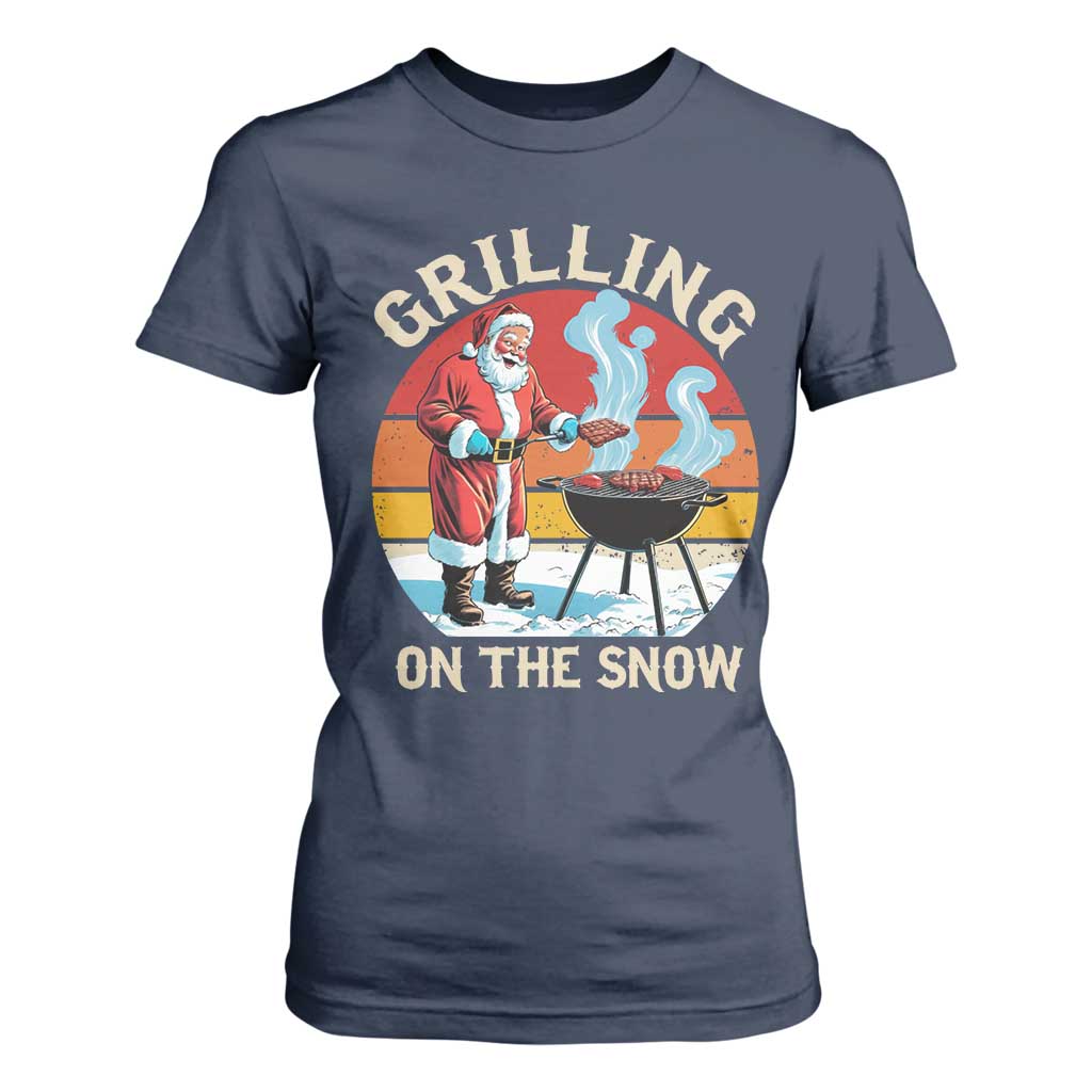 Funny Christmas Grilling Santa T Shirt For Women Grilling On The Snow TS11 Navy Print Your Wear