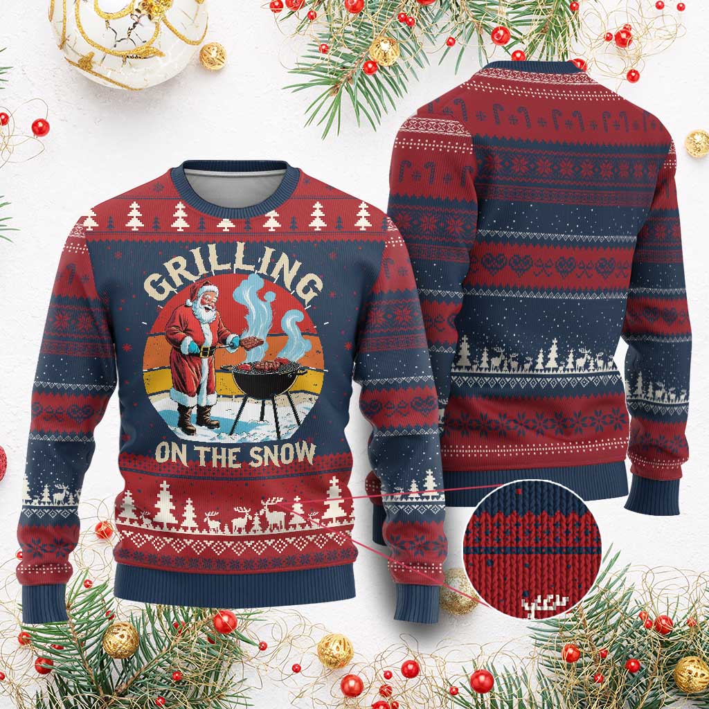 Funny Xmas Grilling Santa Ugly Christmas Sweater Grilling On The Snow TS11 Burgundy Print Your Wear