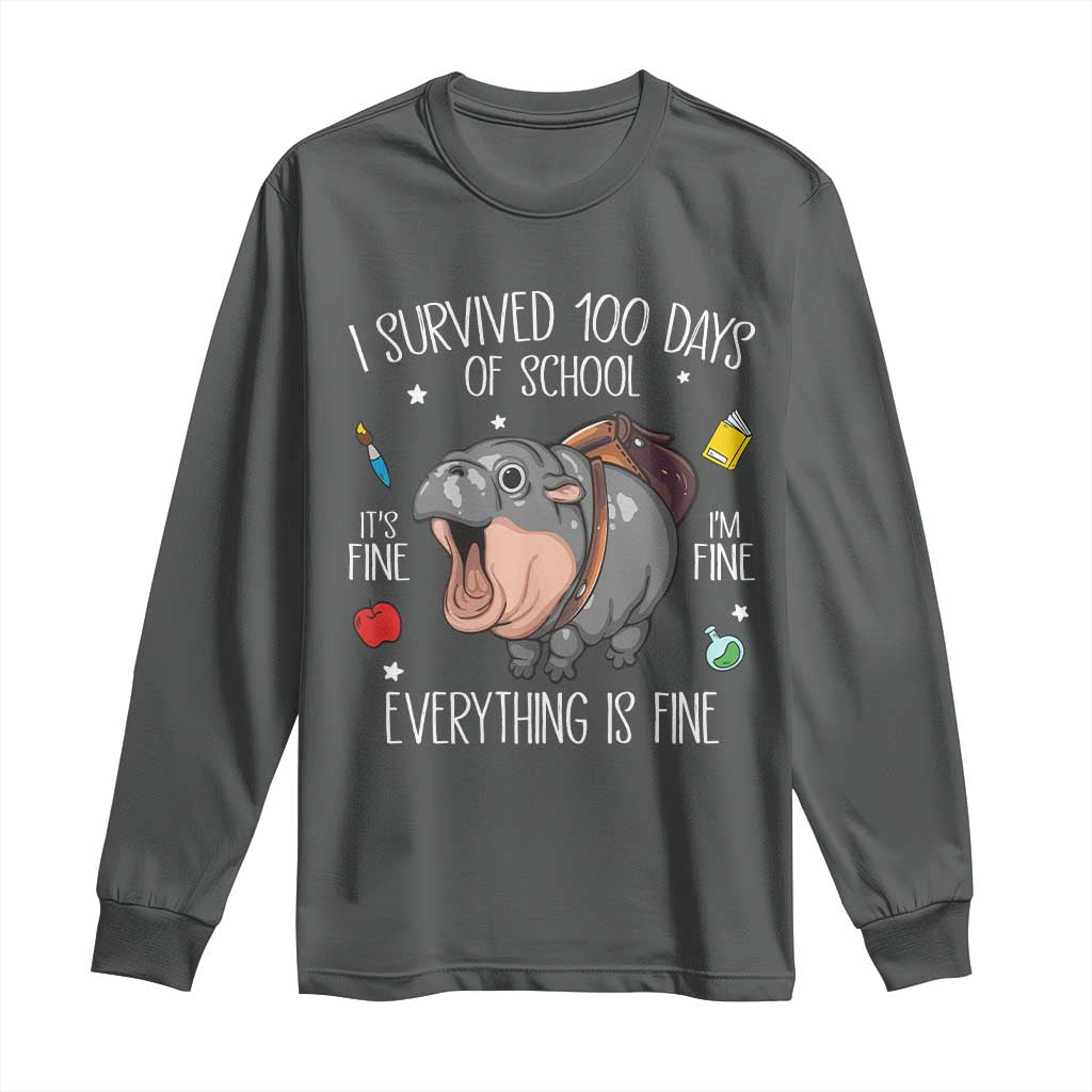 Funny I Survived 100 Days Of School Moo Deng Long Sleeve Shirt It's I'm Fine Everything Is Fine TS11 Dark Heather Print Your Wear