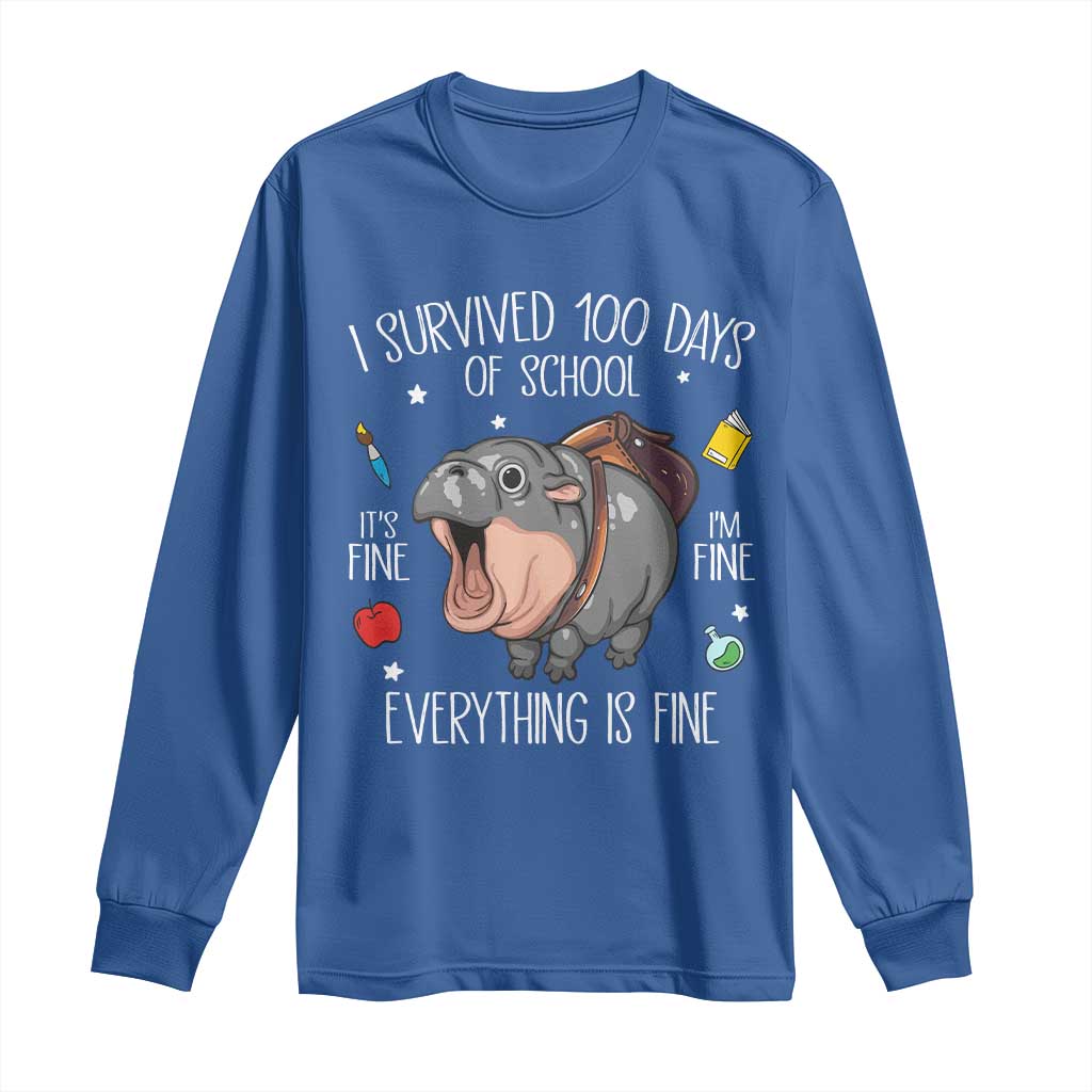 Funny I Survived 100 Days Of School Moo Deng Long Sleeve Shirt It's I'm Fine Everything Is Fine TS11 Royal Blue Print Your Wear