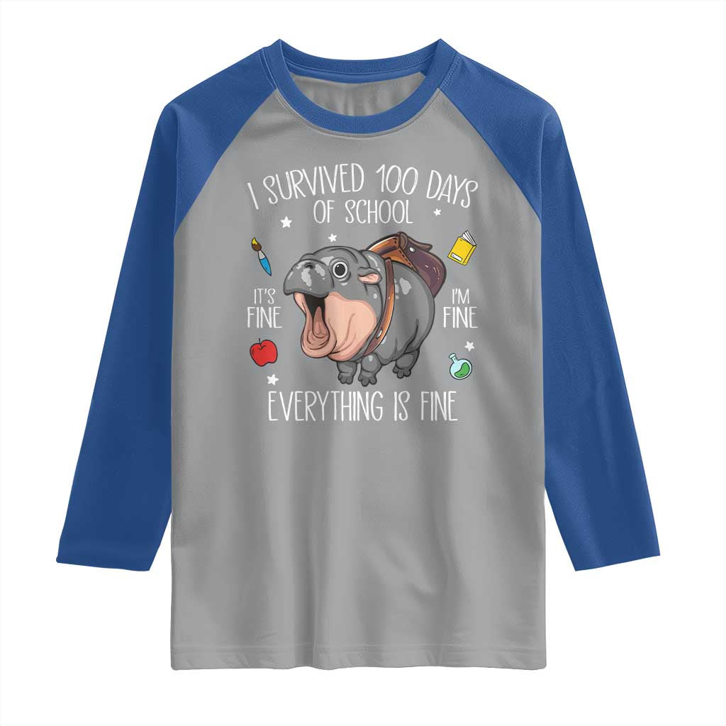 Funny I Survived 100 Days Of School Moo Deng Raglan Shirt It's I'm Fine Everything Is Fine TS11 Sport Gray Royal Print Your Wear