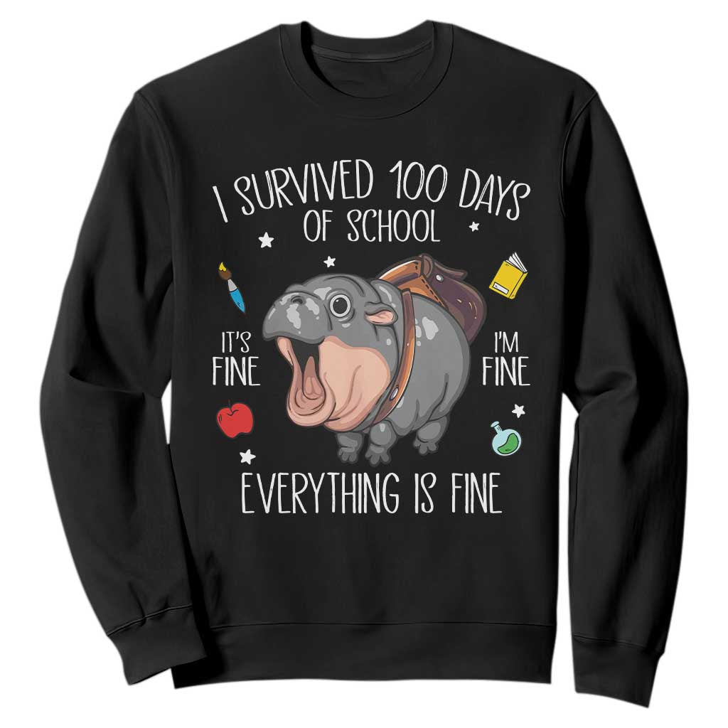 Funny I Survived 100 Days Of School Moo Deng Sweatshirt It's I'm Fine Everything Is Fine TS11 Black Print Your Wear