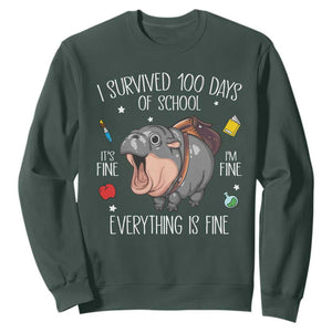 Funny I Survived 100 Days Of School Moo Deng Sweatshirt It's I'm Fine Everything Is Fine TS11 Dark Forest Green Print Your Wear