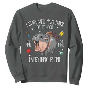 Funny I Survived 100 Days Of School Moo Deng Sweatshirt It's I'm Fine Everything Is Fine TS11 Dark Heather Print Your Wear