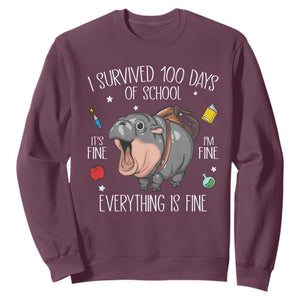 Funny I Survived 100 Days Of School Moo Deng Sweatshirt It's I'm Fine Everything Is Fine TS11 Maroon Print Your Wear