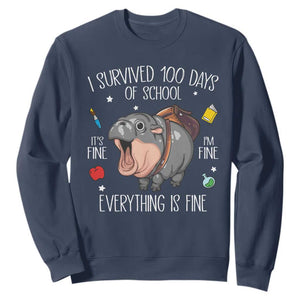 Funny I Survived 100 Days Of School Moo Deng Sweatshirt It's I'm Fine Everything Is Fine TS11 Navy Print Your Wear