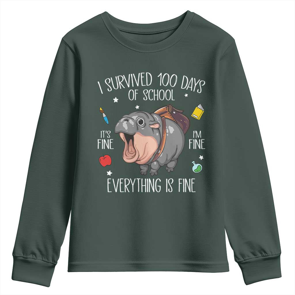 Funny I Survived 100 Days Of School Moo Deng Youth Sweatshirt It's I'm Fine Everything Is Fine TS11 Dark Forest Green Print Your Wear