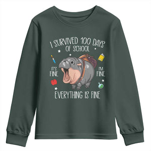Funny I Survived 100 Days Of School Moo Deng Youth Sweatshirt It's I'm Fine Everything Is Fine TS11 Dark Forest Green Print Your Wear