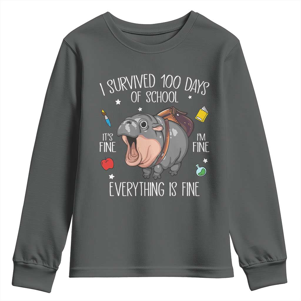 Funny I Survived 100 Days Of School Moo Deng Youth Sweatshirt It's I'm Fine Everything Is Fine TS11 Dark Heather Print Your Wear