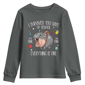 Funny I Survived 100 Days Of School Moo Deng Youth Sweatshirt It's I'm Fine Everything Is Fine TS11 Dark Heather Print Your Wear