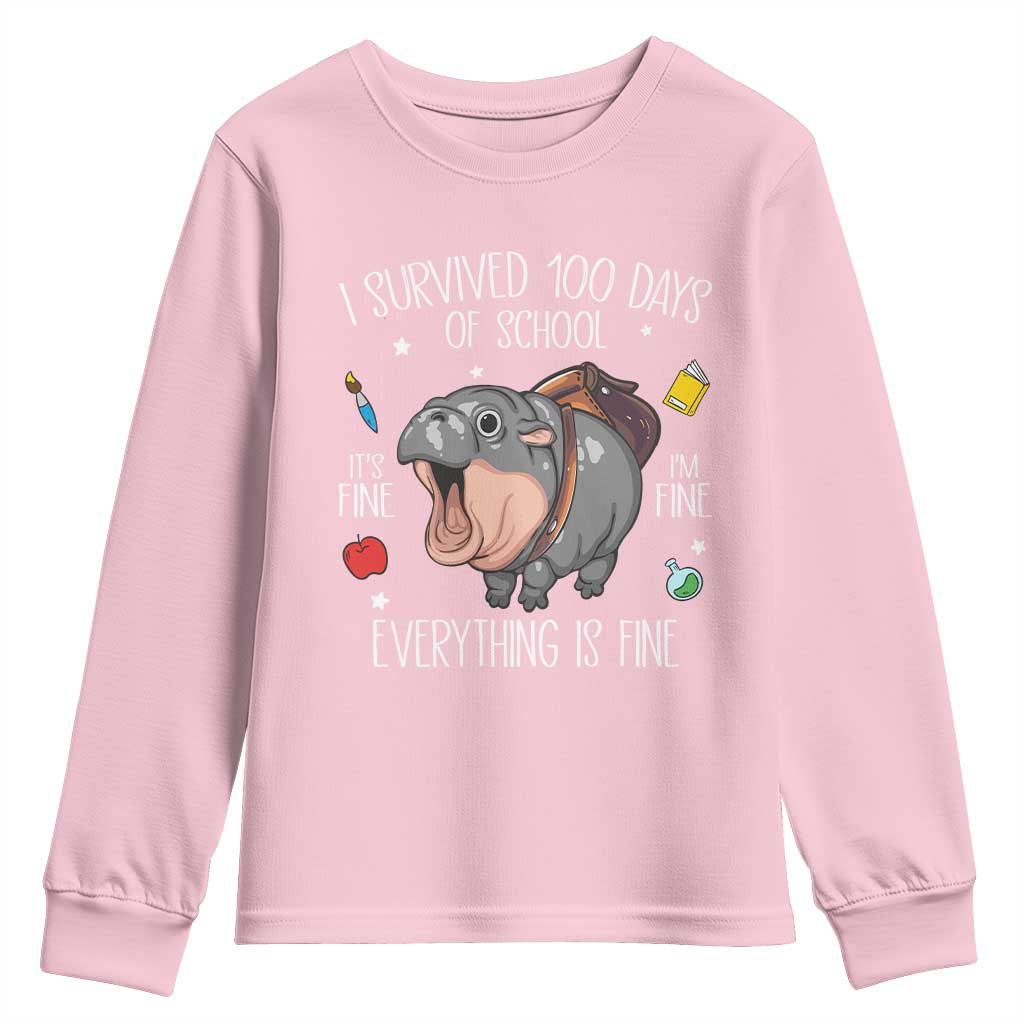 Funny I Survived 100 Days Of School Moo Deng Youth Sweatshirt It's I'm Fine Everything Is Fine TS11 Light Pink Print Your Wear