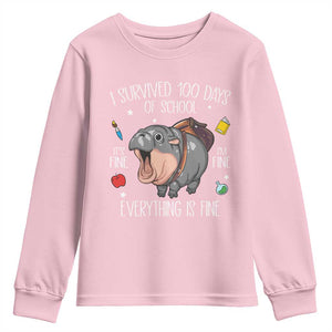 Funny I Survived 100 Days Of School Moo Deng Youth Sweatshirt It's I'm Fine Everything Is Fine TS11 Light Pink Print Your Wear
