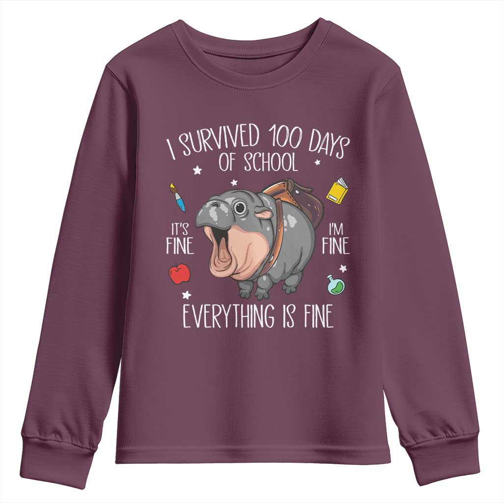 Funny I Survived 100 Days Of School Moo Deng Youth Sweatshirt It's I'm Fine Everything Is Fine TS11 Maroon Print Your Wear
