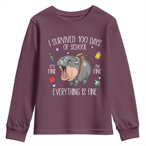Funny I Survived 100 Days Of School Moo Deng Youth Sweatshirt It's I'm Fine Everything Is Fine TS11 Maroon Print Your Wear