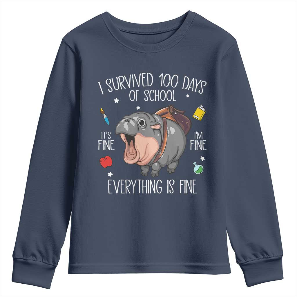 Funny I Survived 100 Days Of School Moo Deng Youth Sweatshirt It's I'm Fine Everything Is Fine TS11 Navy Print Your Wear