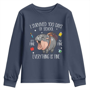 Funny I Survived 100 Days Of School Moo Deng Youth Sweatshirt It's I'm Fine Everything Is Fine TS11 Navy Print Your Wear