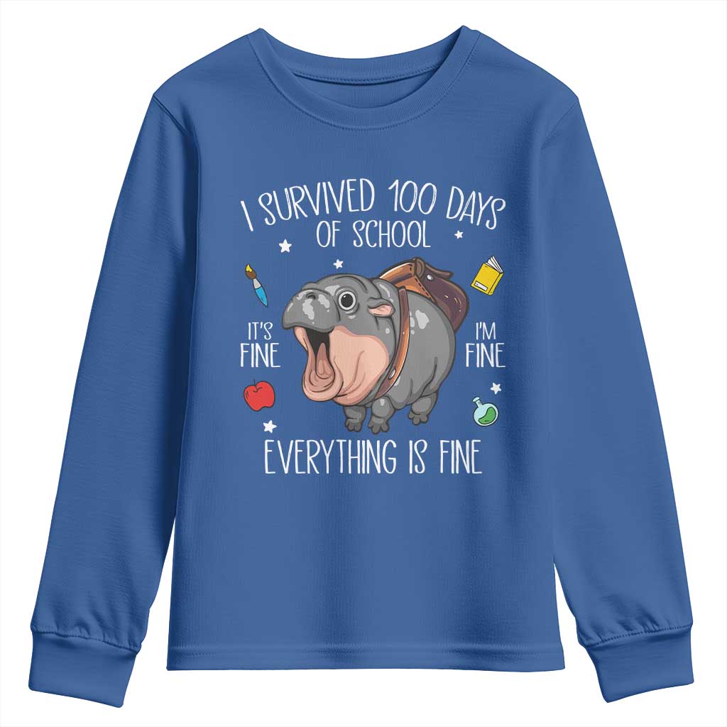 Funny I Survived 100 Days Of School Moo Deng Youth Sweatshirt It's I'm Fine Everything Is Fine TS11 Royal Blue Print Your Wear