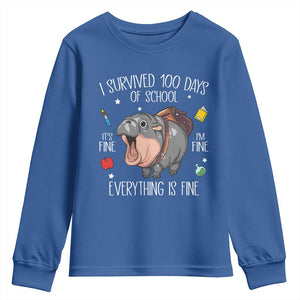 Funny I Survived 100 Days Of School Moo Deng Youth Sweatshirt It's I'm Fine Everything Is Fine TS11 Royal Blue Print Your Wear