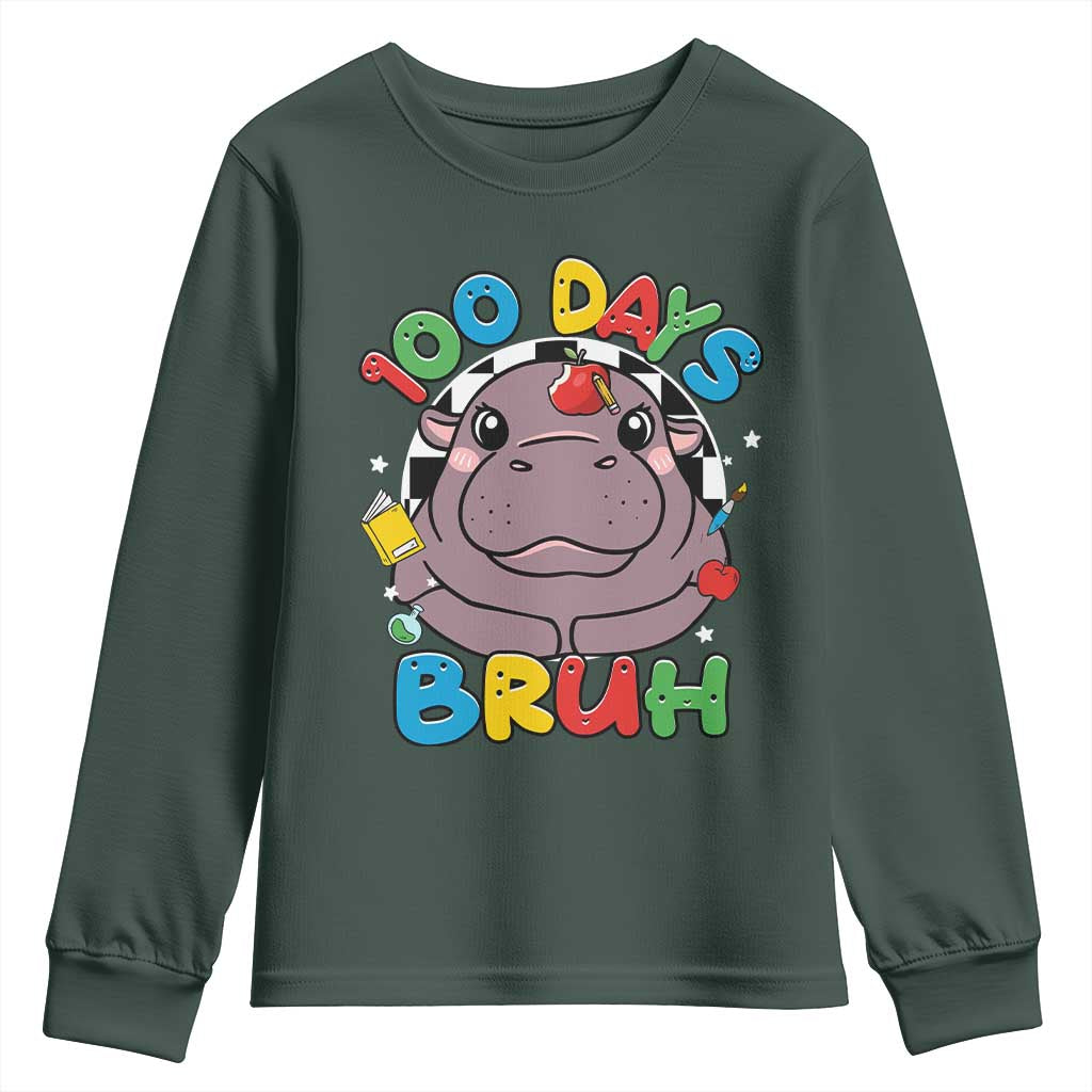 Funny Moo Deng 100 Days Bruh Youth Sweatshirt Happy 100 Days Of School TS11 Dark Forest Green Print Your Wear