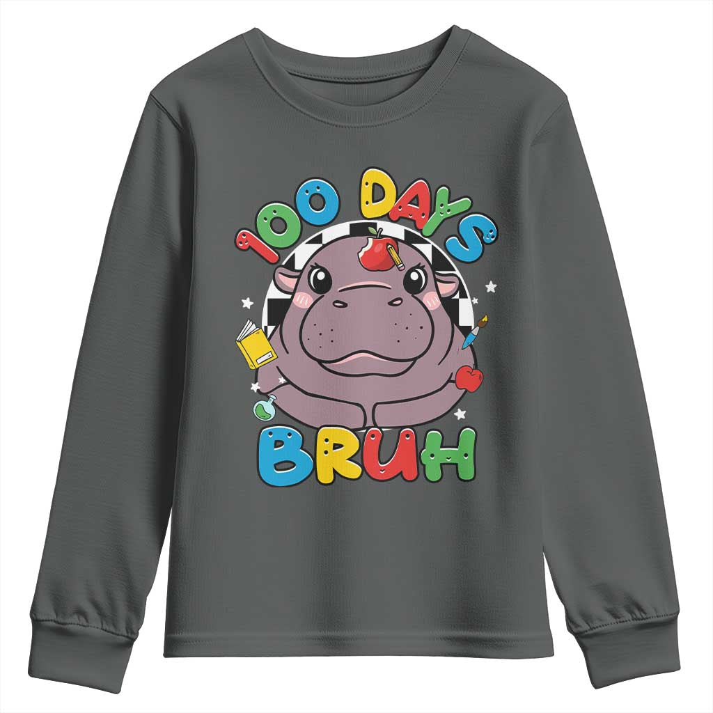 Funny Moo Deng 100 Days Bruh Youth Sweatshirt Happy 100 Days Of School TS11 Dark Heather Print Your Wear