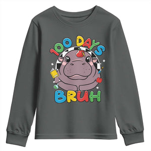Funny Moo Deng 100 Days Bruh Youth Sweatshirt Happy 100 Days Of School TS11 Dark Heather Print Your Wear