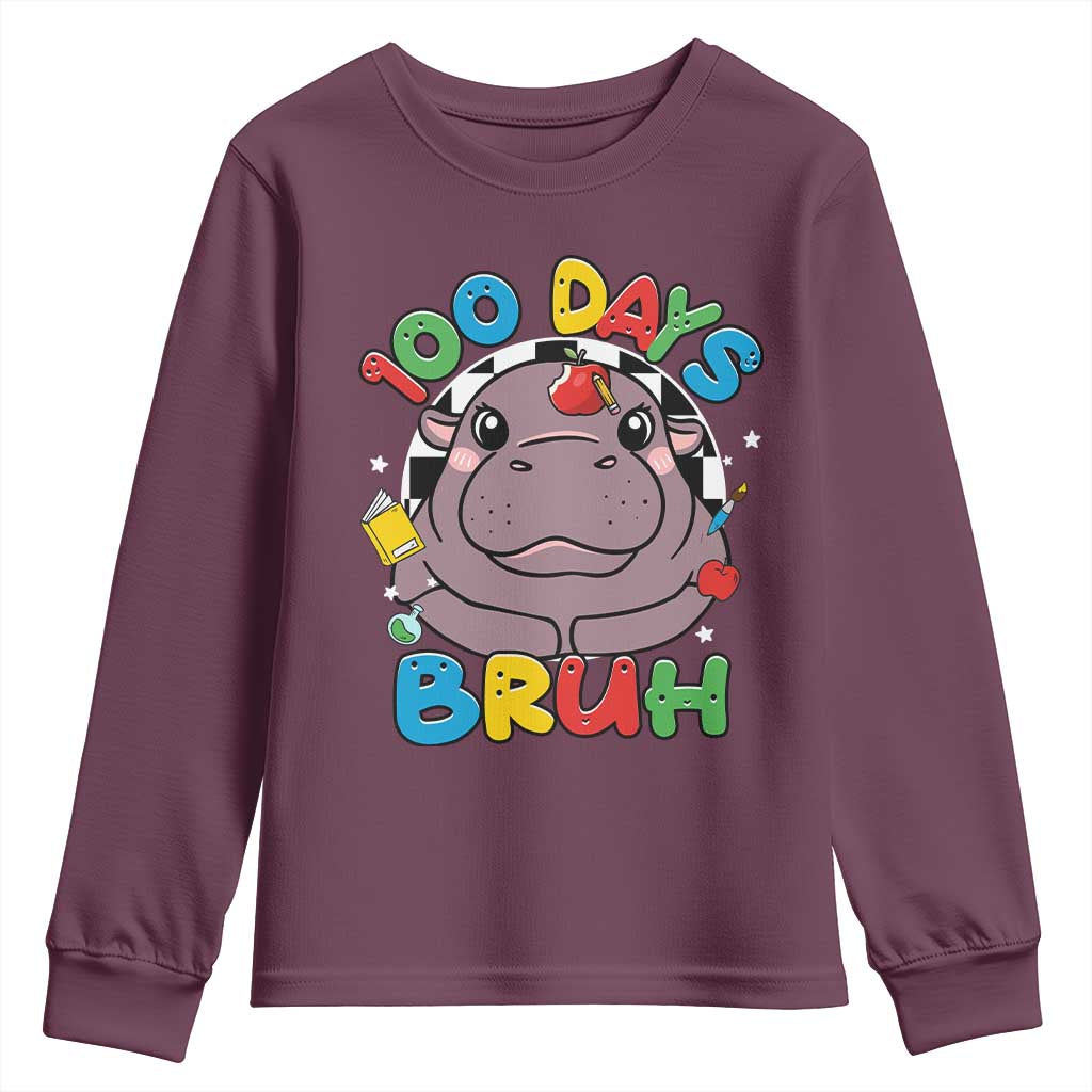 Funny Moo Deng 100 Days Bruh Youth Sweatshirt Happy 100 Days Of School TS11 Maroon Print Your Wear