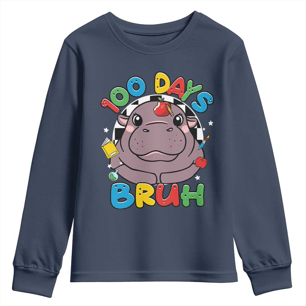 Funny Moo Deng 100 Days Bruh Youth Sweatshirt Happy 100 Days Of School TS11 Navy Print Your Wear