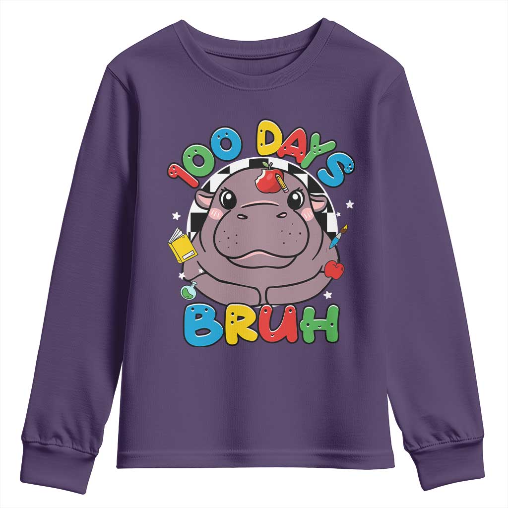 Funny Moo Deng 100 Days Bruh Youth Sweatshirt Happy 100 Days Of School TS11 Purple Print Your Wear