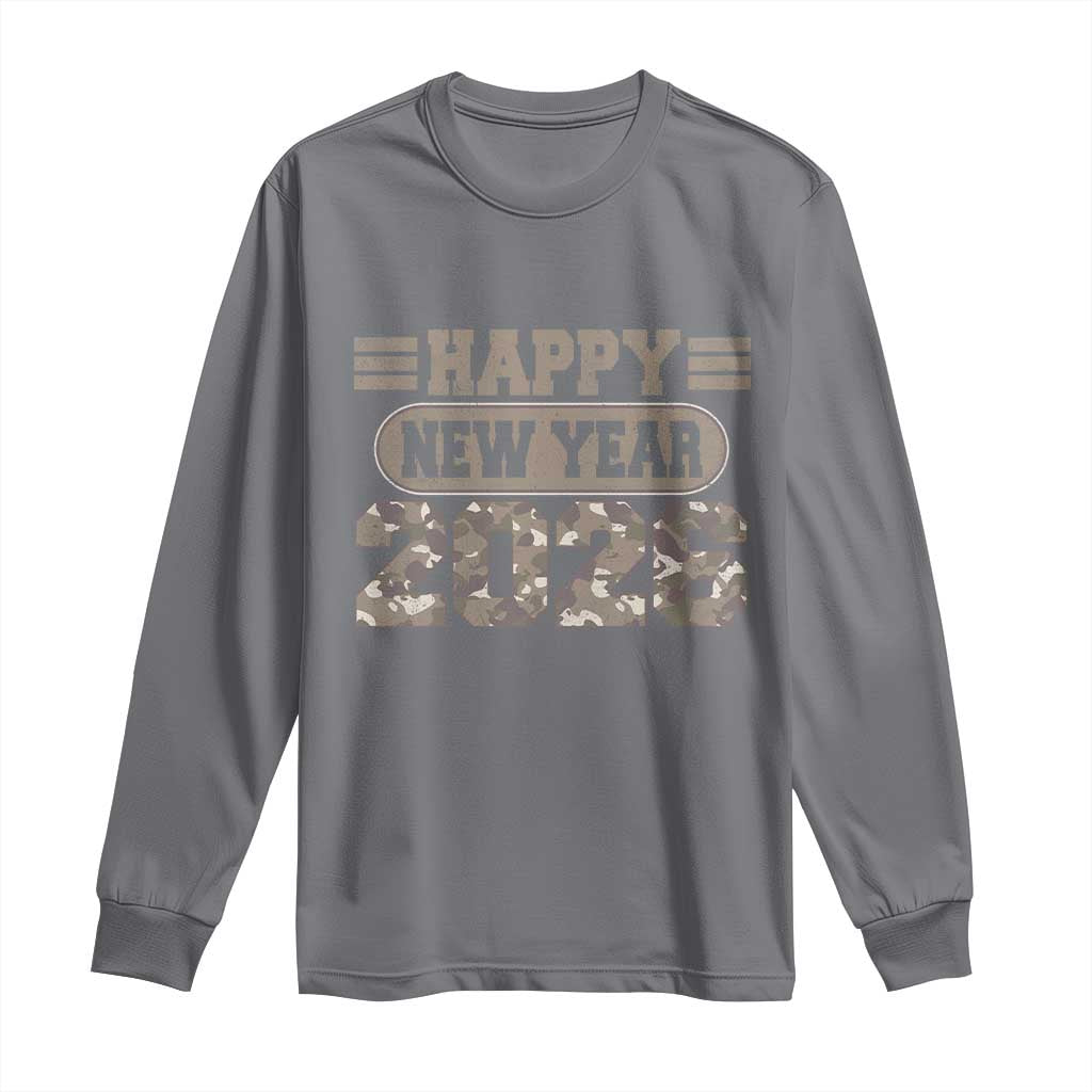 Camo Happy New Year Party 2026 Long Sleeve Shirt Camouflage NYE Party TS11 Charcoal Print Your Wear