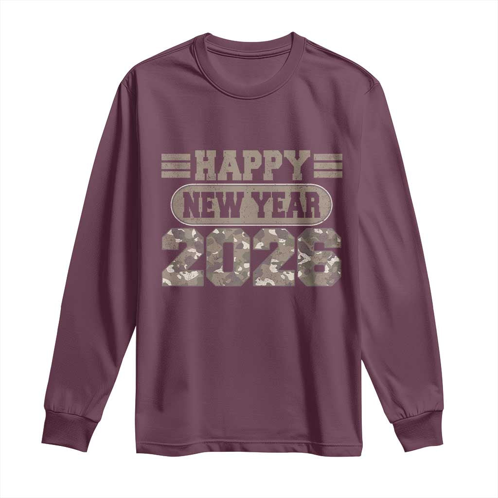 Camo Happy New Year Party 2026 Long Sleeve Shirt Camouflage NYE Party TS11 Maroon Print Your Wear