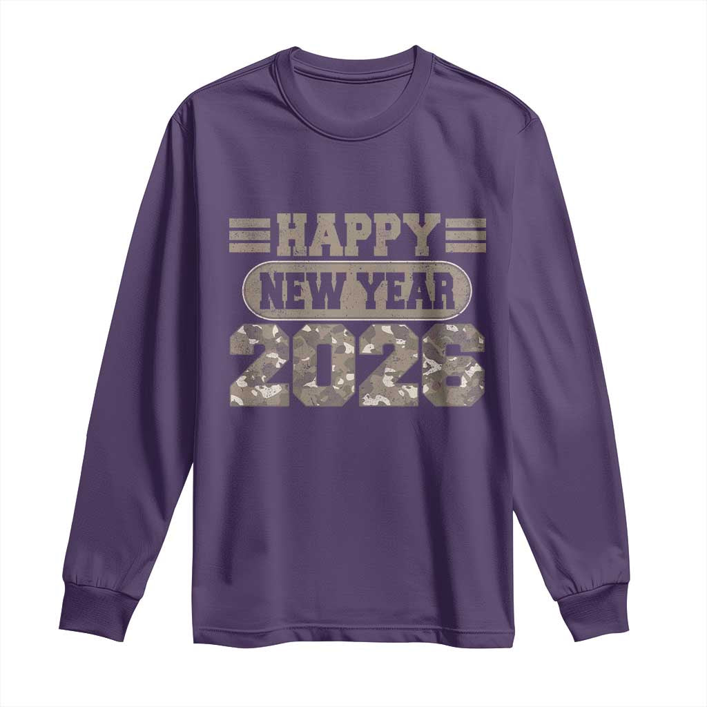 Camo Happy New Year Party 2026 Long Sleeve Shirt Camouflage NYE Party TS11 Purple Print Your Wear