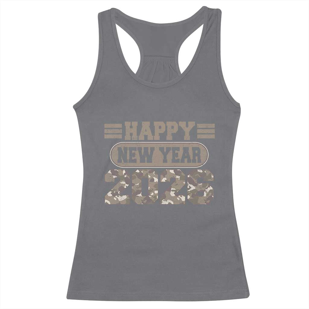 Camo Happy New Year Party 2026 Racerback Tank Top Camouflage NYE Party TS11 Charcoal Print Your Wear