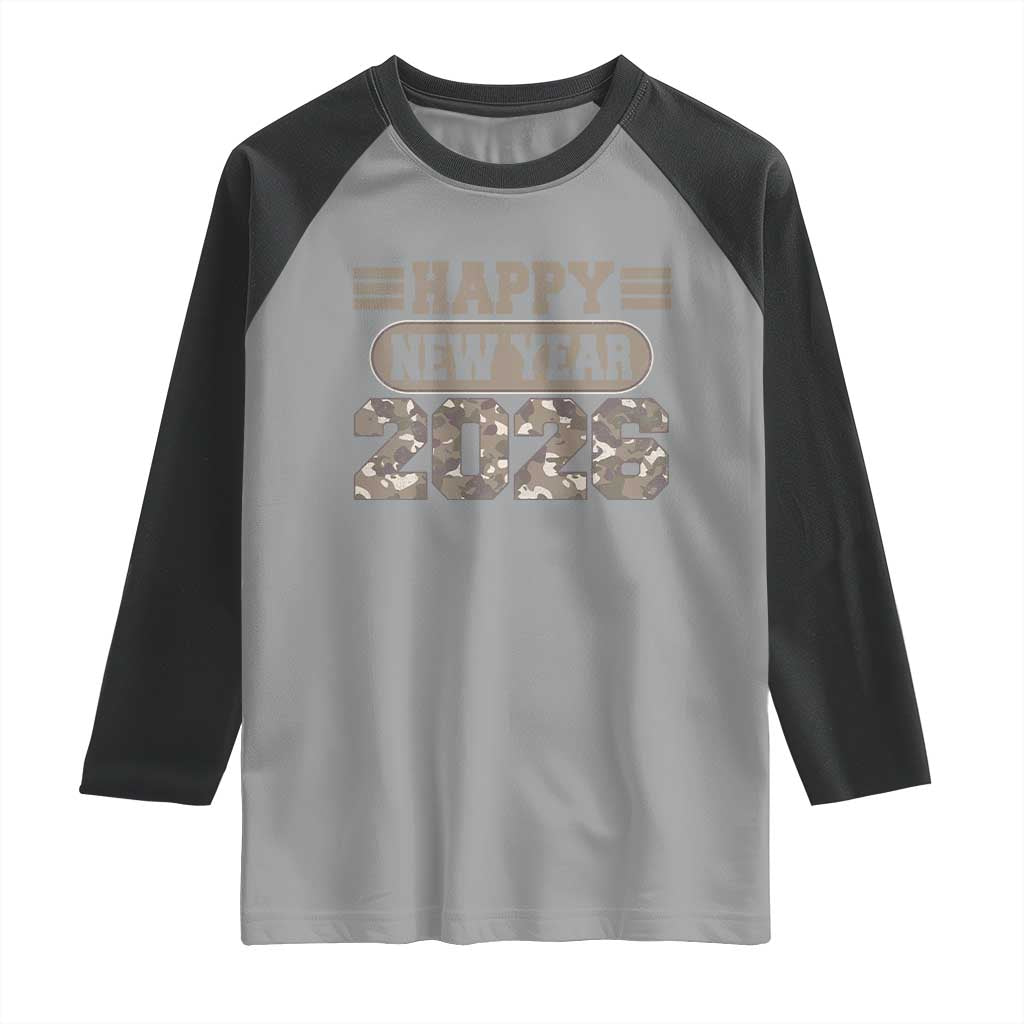 Camo Happy New Year Party 2026 Raglan Shirt Camouflage NYE Party TS11 Sport Gray Black Print Your Wear