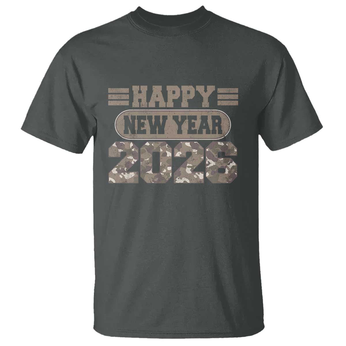 Camo Happy New Year Party 2026 T Shirt Camouflage NYE Party TS11 Dark Heather Print Your Wear