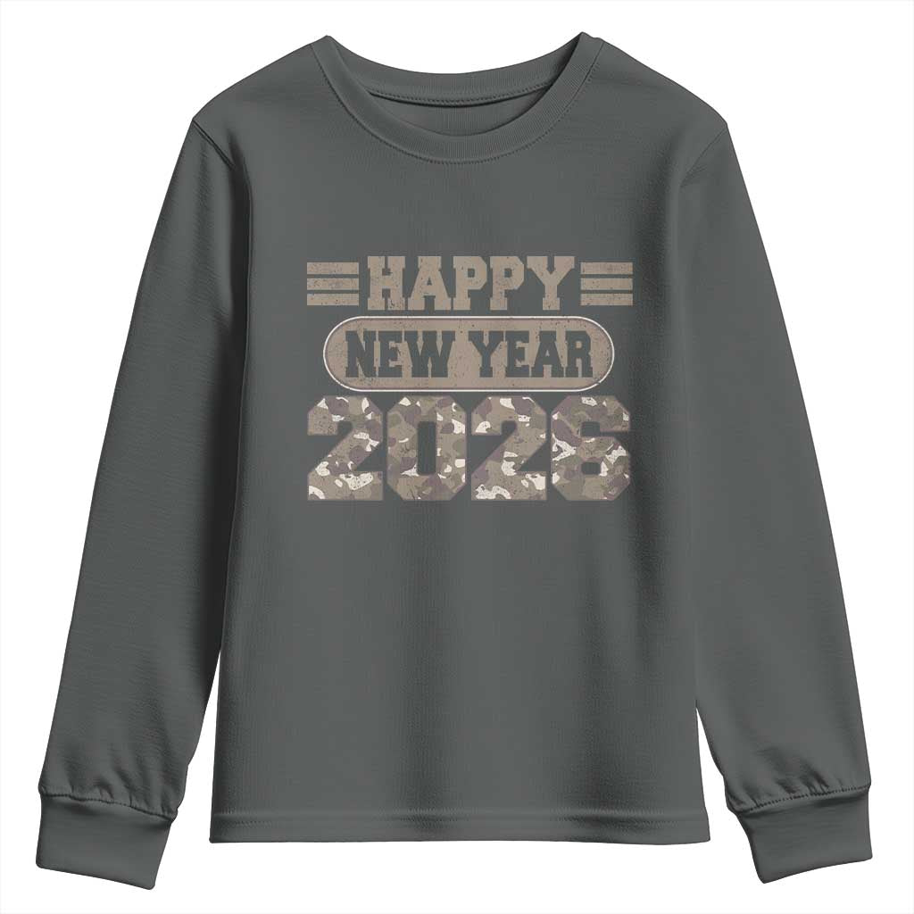 Camo Happy New Year Party 2026 Youth Sweatshirt Camouflage NYE Party TS11 Dark Heather Print Your Wear