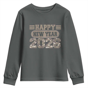 Camo Happy New Year Party 2026 Youth Sweatshirt Camouflage NYE Party TS11 Dark Heather Print Your Wear