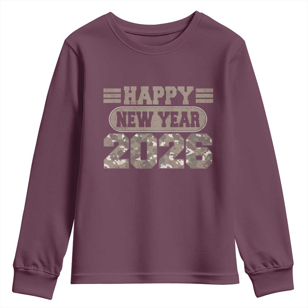 Camo Happy New Year Party 2026 Youth Sweatshirt Camouflage NYE Party TS11 Maroon Print Your Wear