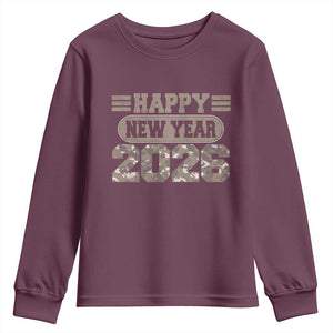 Camo Happy New Year Party 2026 Youth Sweatshirt Camouflage NYE Party TS11 Maroon Print Your Wear