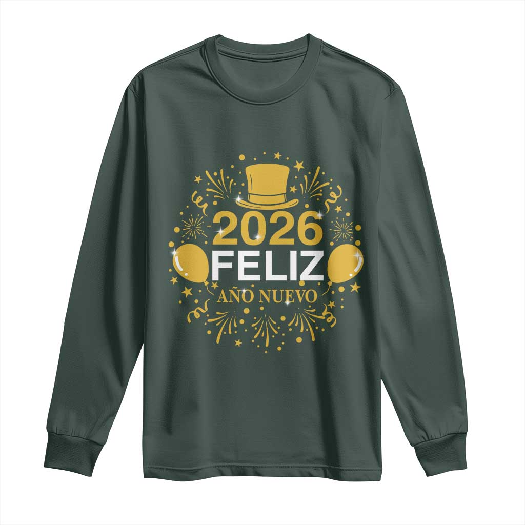 Spanish Mexican New Year 2026 Long Sleeve Shirt Feliz Ano Nuevo NYE Party TS11 Dark Forest Green Print Your Wear
