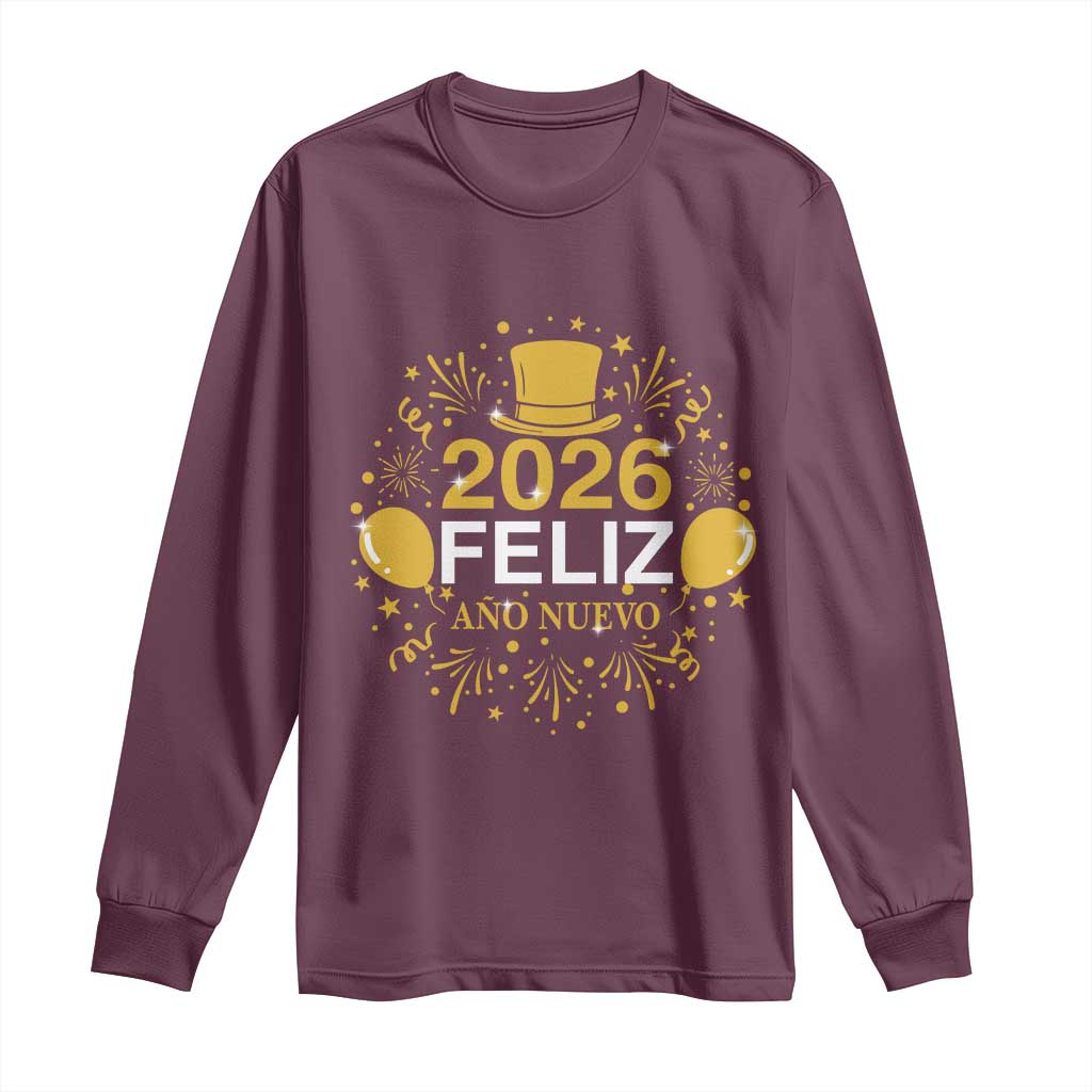 Spanish Mexican New Year 2026 Long Sleeve Shirt Feliz Ano Nuevo NYE Party TS11 Maroon Print Your Wear