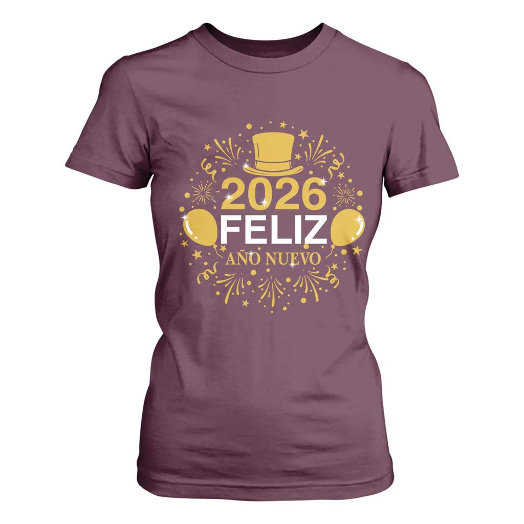 Spanish Mexican New Year 2026 T Shirt For Women Feliz Ano Nuevo NYE Party TS11 Maroon Print Your Wear