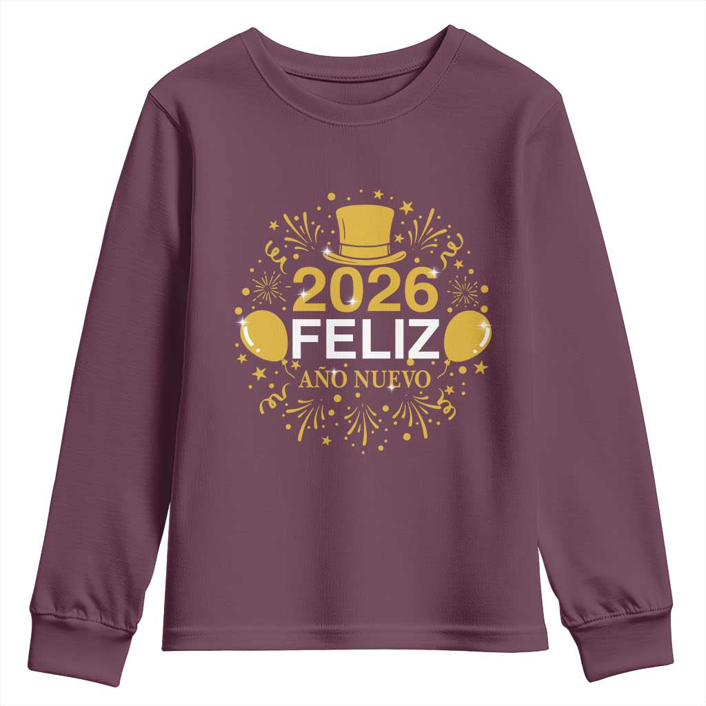 Spanish Mexican New Year 2026 Youth Sweatshirt Feliz Ano Nuevo NYE Party TS11 Maroon Print Your Wear