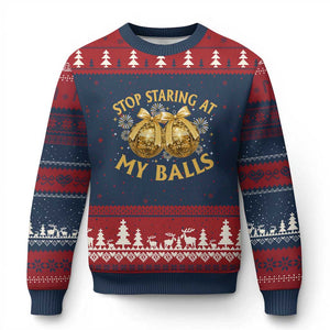 Funny Adult New Years Eve Ugly Christmas Sweater Stop Staring At My Balls Golden Disco Ball TS11 Navy Red Print Your Wear