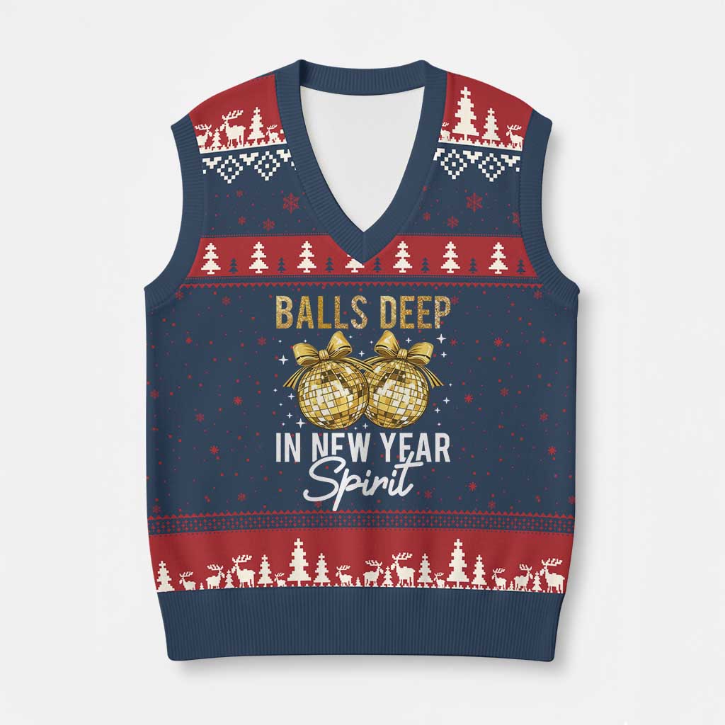 Funny New Year Disco Ball V-Neck Knit Sweater Vest Balls Deep In New Year Spirit TS11 Navy Red Print Your Wear