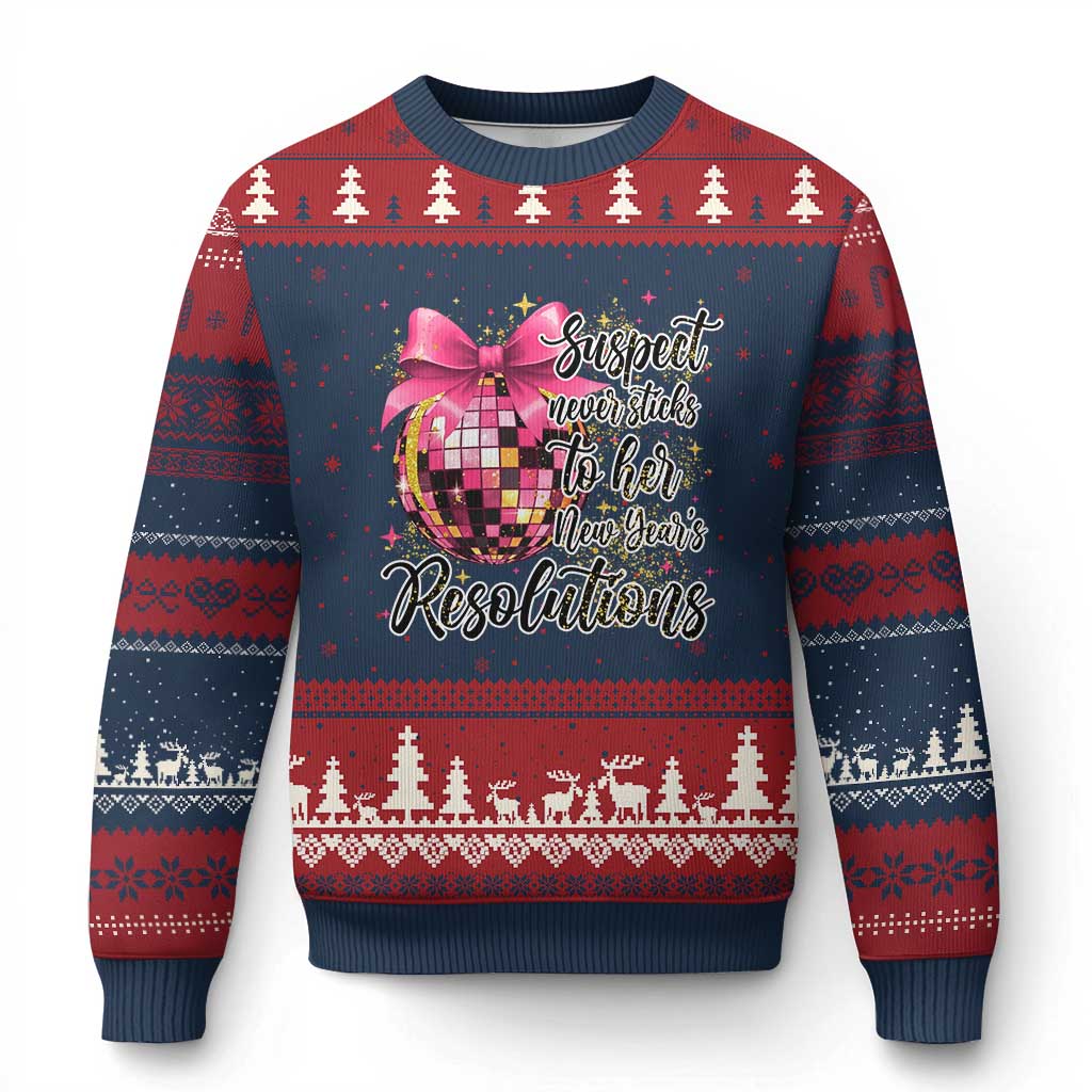 Funny Suspect Never Sticks To Her New Years Resolutions Ugly Christmas Sweater Coquette Disco Ball TS11 Navy Red Print Your Wear