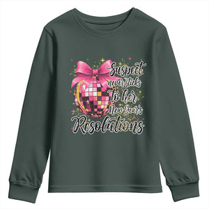 Funny Suspect Never Sticks To Her New Years Resolutions Youth Sweatshirt Coquette Disco Ball TS11 Dark Forest Green Print Your Wear