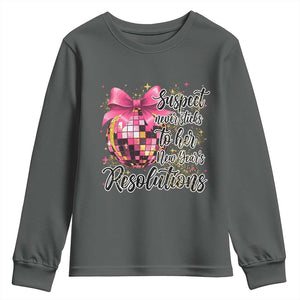 Funny Suspect Never Sticks To Her New Years Resolutions Youth Sweatshirt Coquette Disco Ball TS11 Dark Heather Print Your Wear