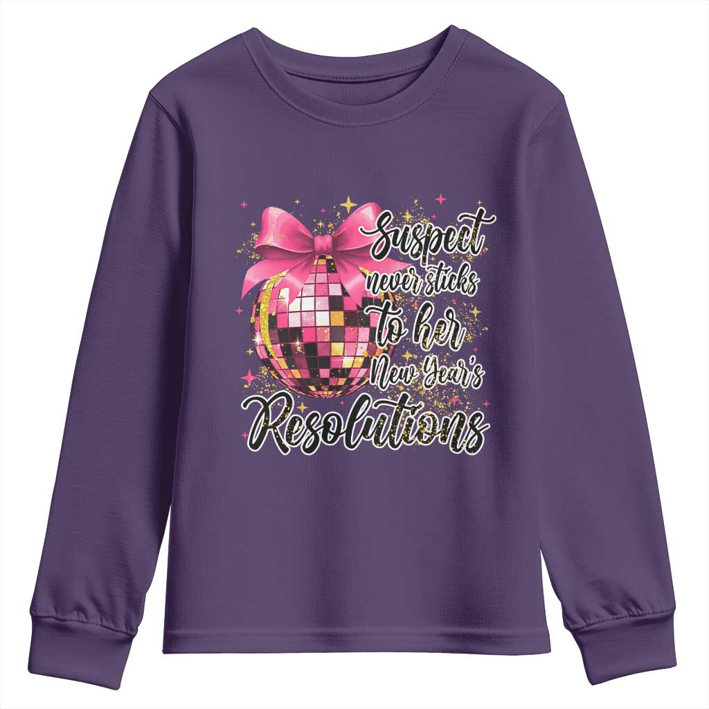 Funny Suspect Never Sticks To Her New Years Resolutions Youth Sweatshirt Coquette Disco Ball TS11 Purple Print Your Wear