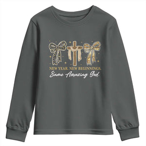 New Year New Beginnings Same Amazing God Youth Sweatshirt Christian New Years Eve TS11 Dark Heather Print Your Wear