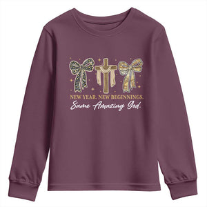 New Year New Beginnings Same Amazing God Youth Sweatshirt Christian New Years Eve TS11 Maroon Print Your Wear